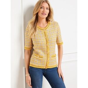 NWT Talbots Short Sleeve Cardigan Texture Plaid Golden Honey Yellow 3X X123
